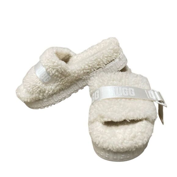 Ugg Fluffita slide on off-white Sherpa sheepskin slippers womens 9 lug sole - Picture 3 of 8